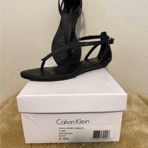 Calvin Klein Black Lizard Embossed Leather Thong Sandals